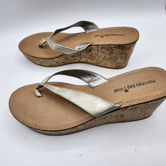 Montego Bay Club Metallic and Tan Cork Wedge Sandals Sz 9 - Picture 4 of 5